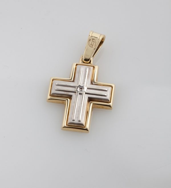 Gold and white gold cross K14 with a qubic zirconia